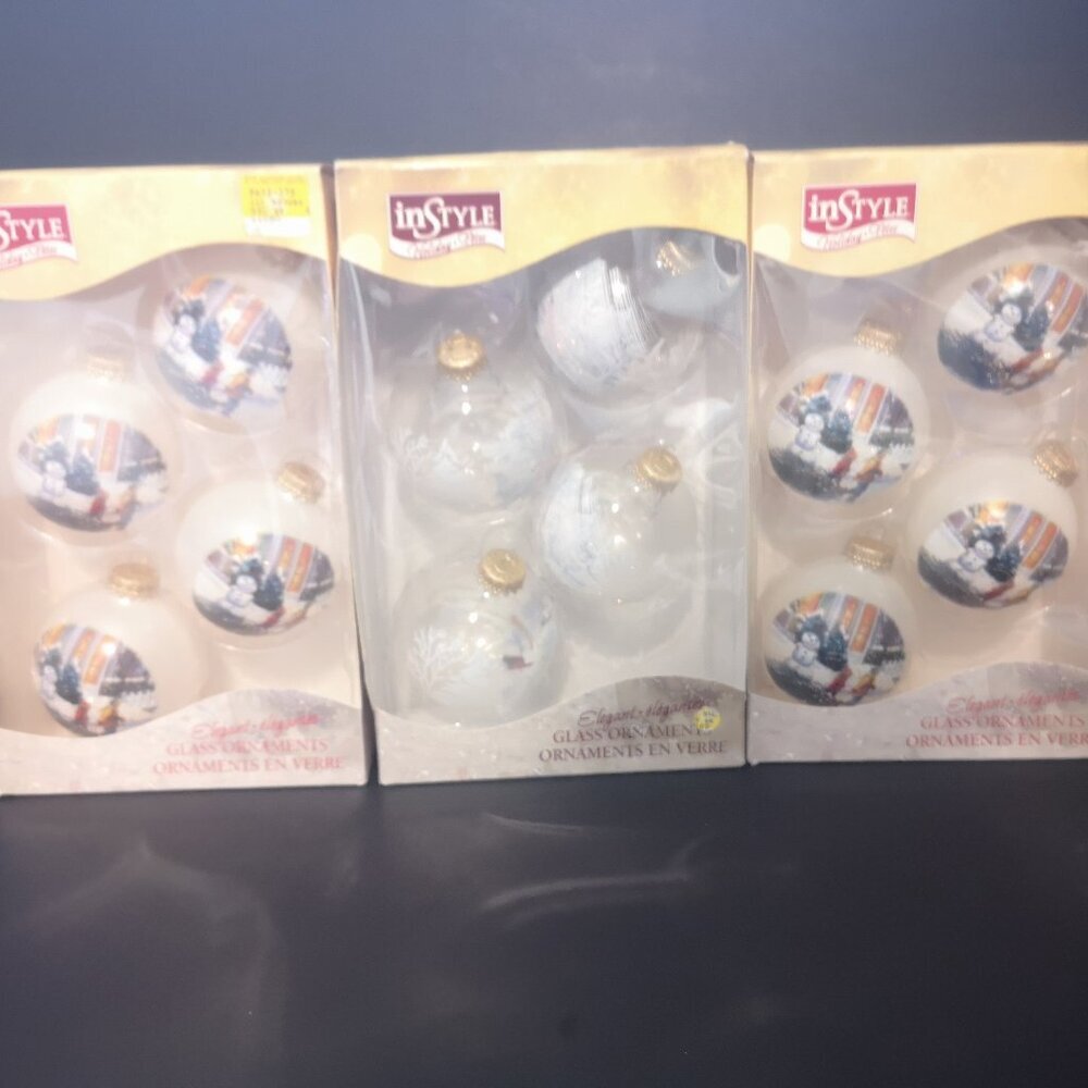 NIB In Style Holiday Elegant Glass Christmas Tree Ornaments 3 Boxes of 4